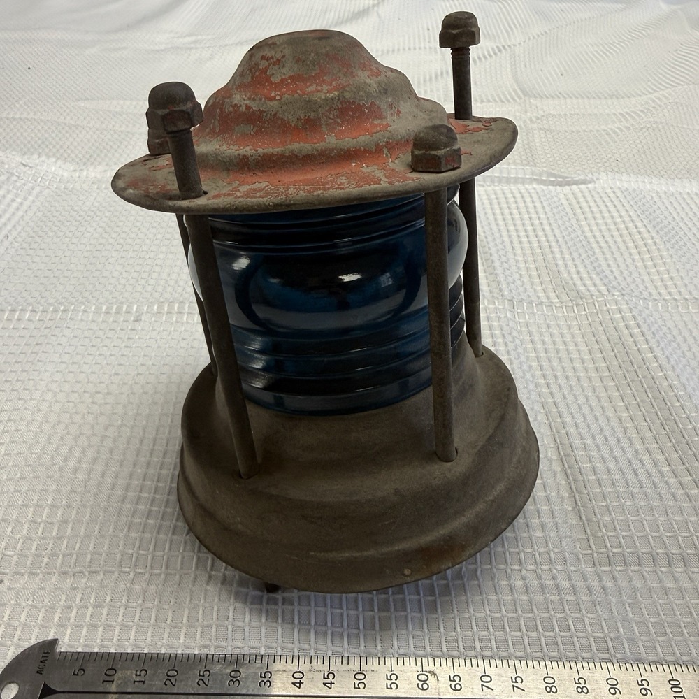 Antique Maritime Blue Fresnel Lens Signal Lantern Nautical Boat Poor Shape